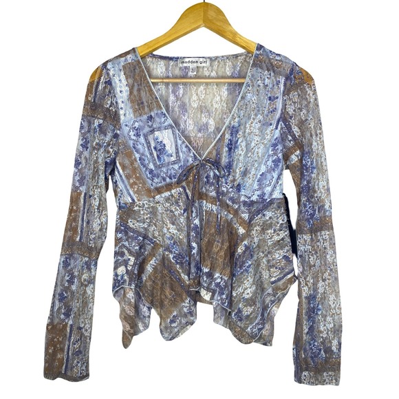 Madden Girl Tops - Madden Girl Blue ‎ Floral Lace Sheer V-Neck Tie Front Handkerchief Hem Top L NWT